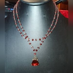 Gold Tone Ruby Red Colored Glass Crystal Double Strand Necklace 15" & 16"